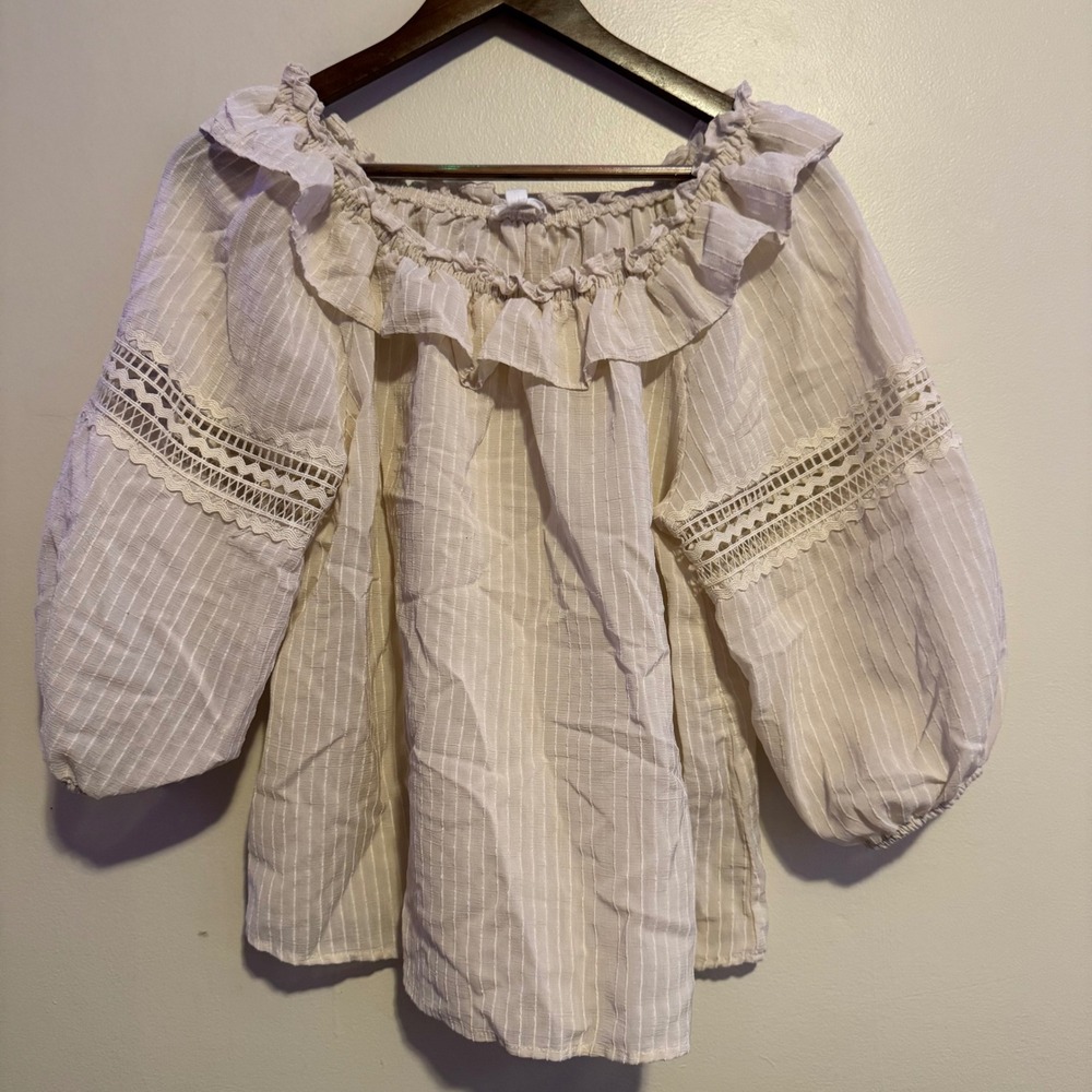 Women's Off The Shoulder Ruffle Blouse Cream Size L Boho Indie Feminine Artsy
